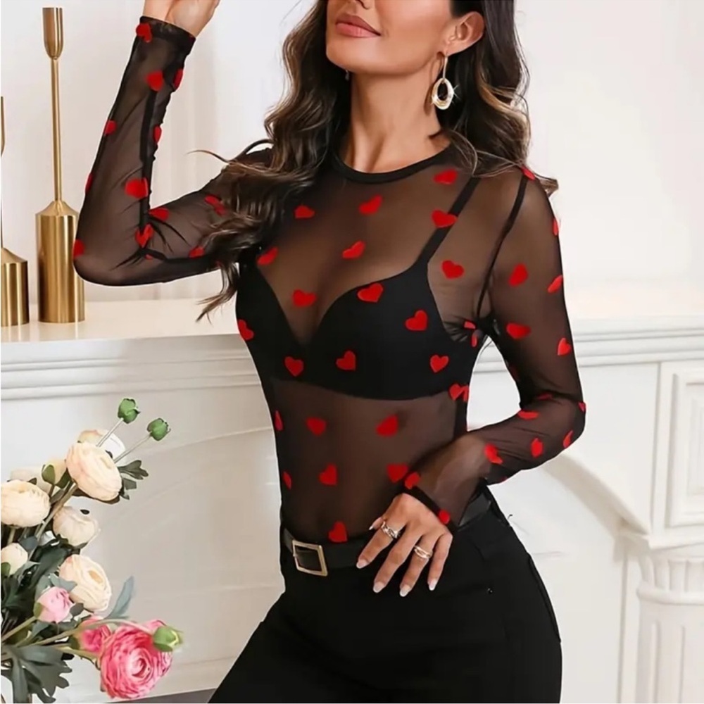 NEW Sheer Black Top with Red Heart Accents